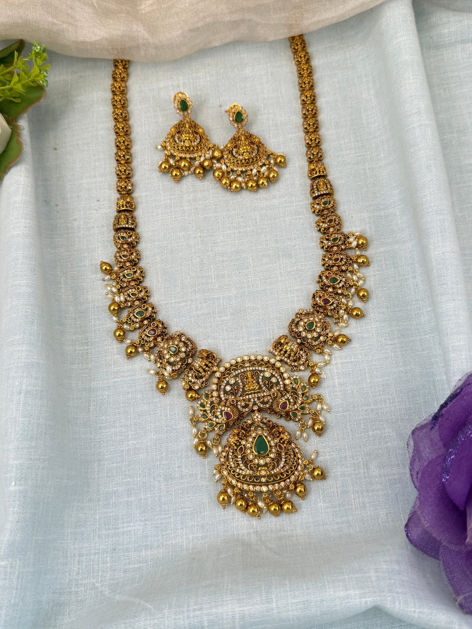 Luxurious Antique Peacock Lakshmi Long Necklace Set 0583 - Mahilas