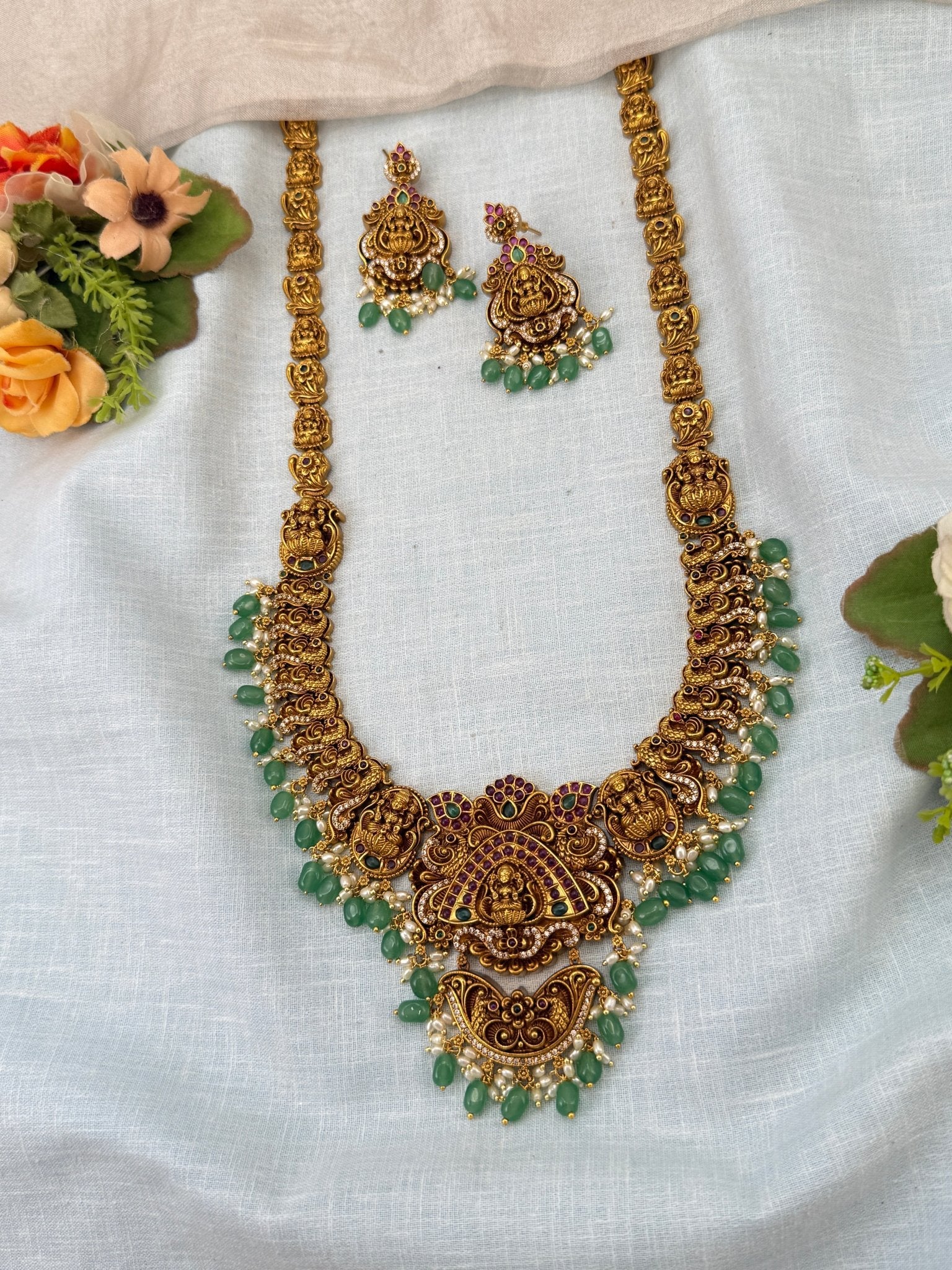 Luxurious Antique Peacock Lakshmi Long Necklace Set 0949 - Mahilas