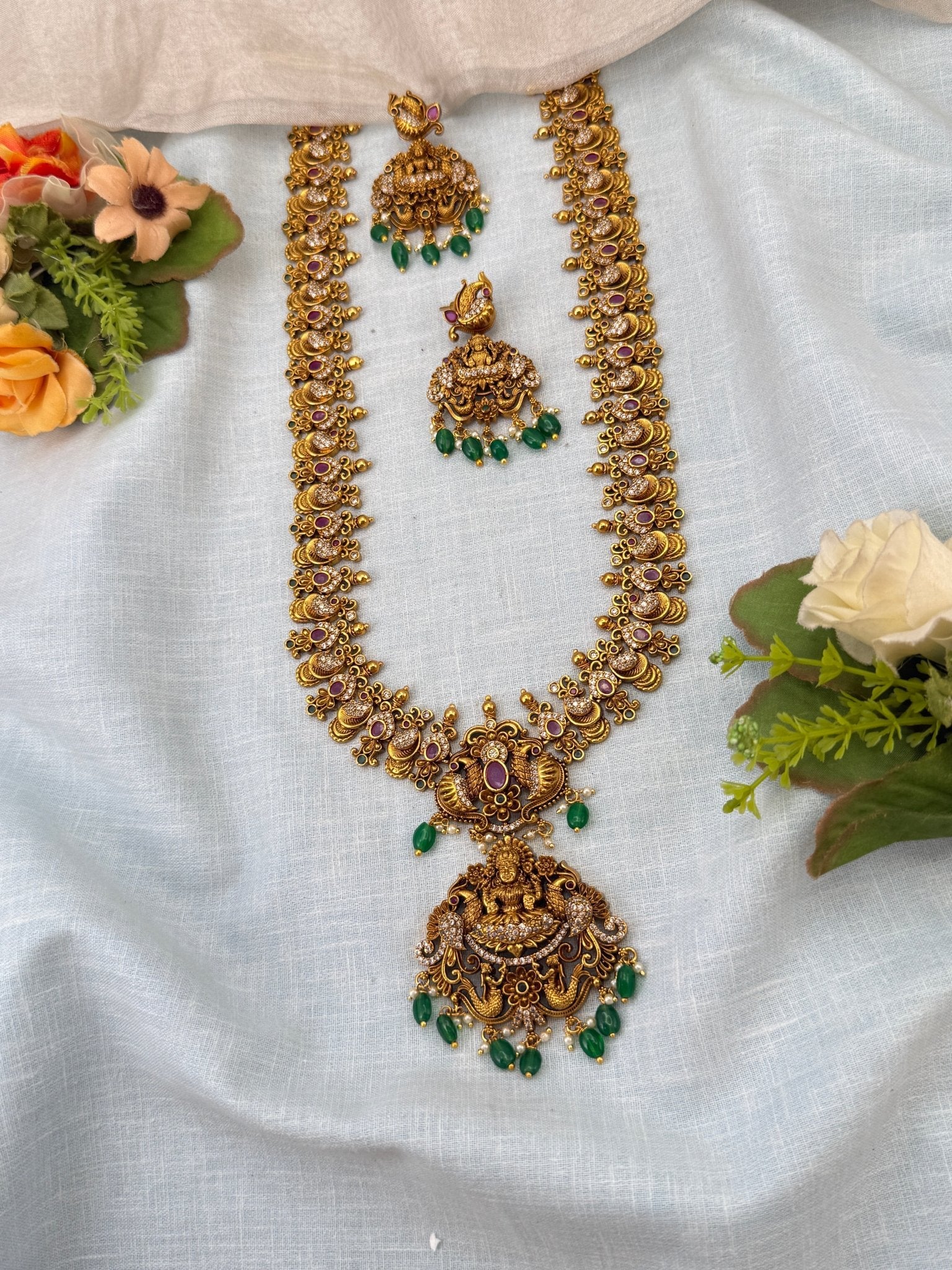Luxurious Antique Peacock Lakshmi Long Necklace Set 0950 - Mahilas