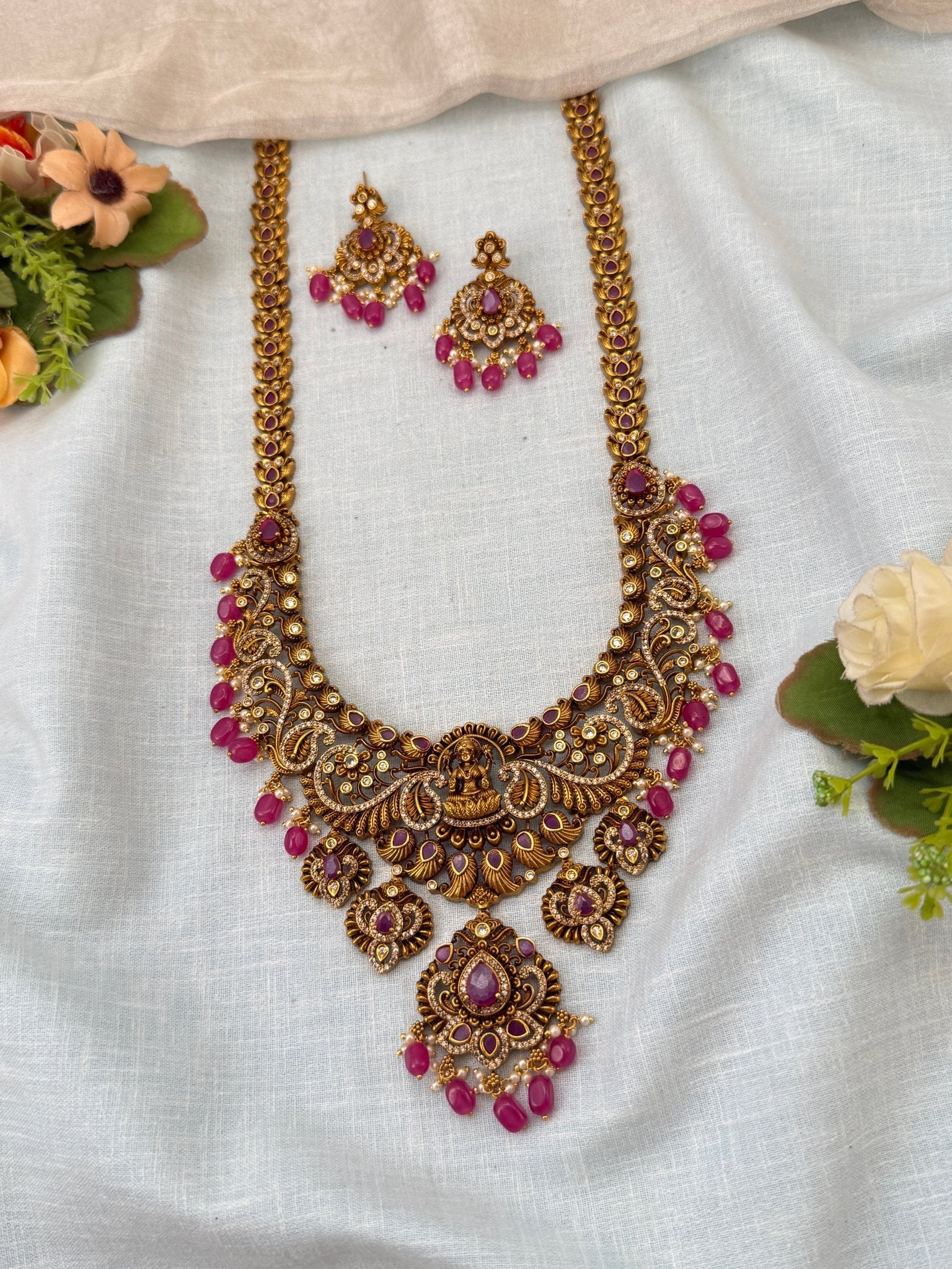 Luxurious Antique Peacock Lakshmi Long Necklace Set 0951 - Mahilas