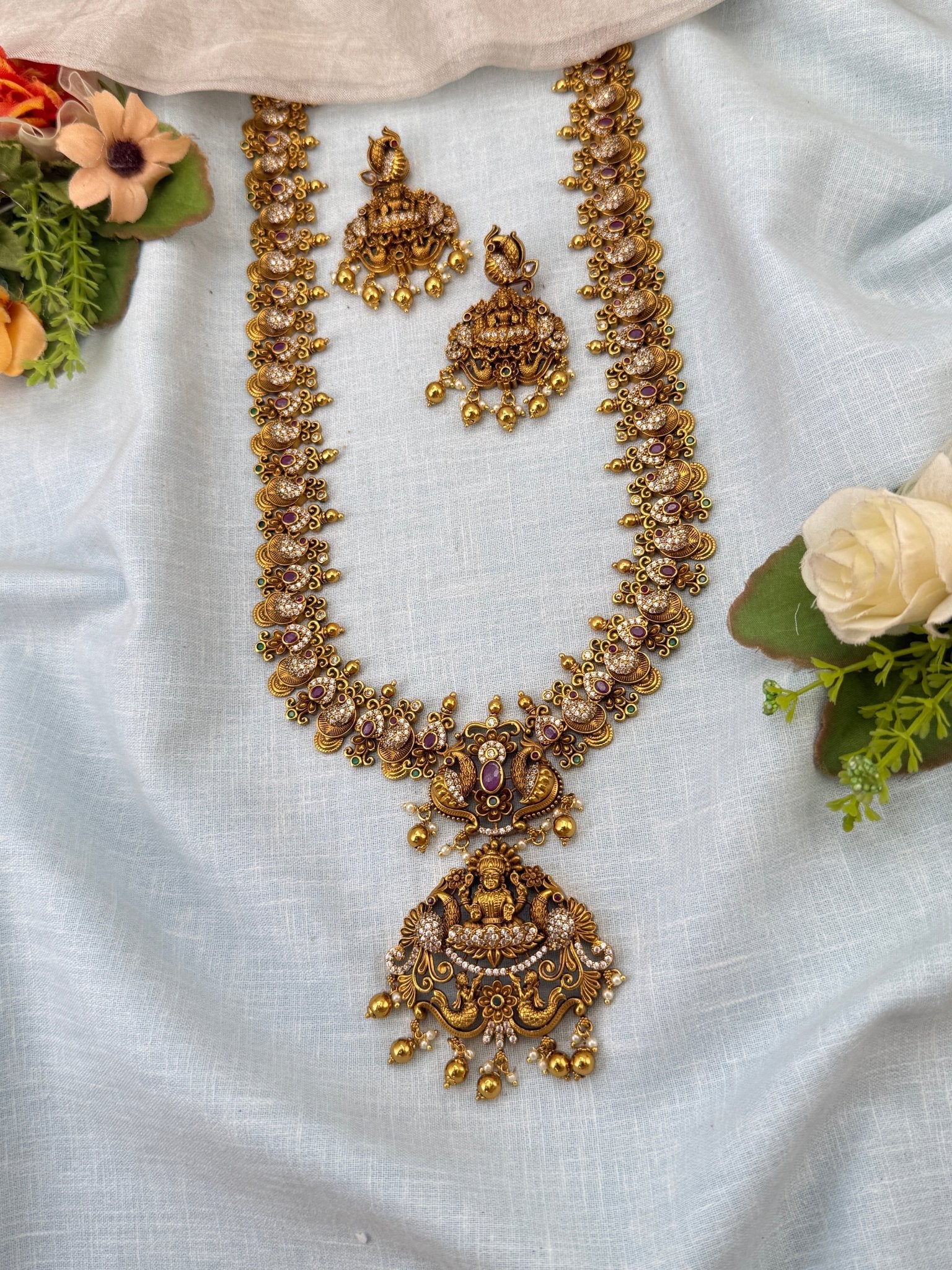 Luxurious Antique Peacock Lakshmi Long Necklace Set 0952 - Mahilas