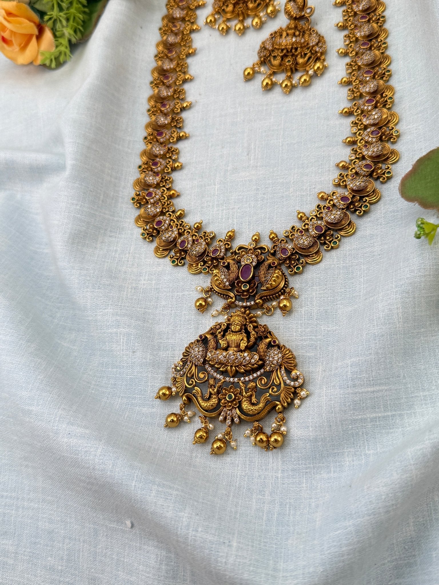 Luxurious Antique Peacock Lakshmi Long Necklace Set 0952 - Mahilas