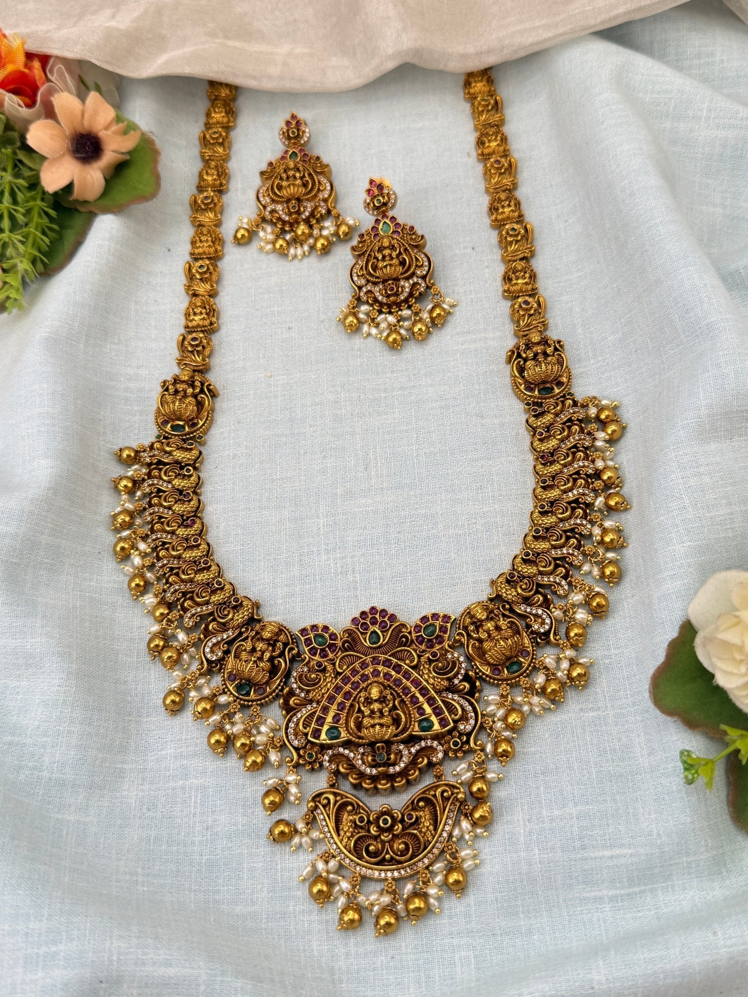 Luxurious Antique Peacock Lakshmi Long Necklace Set 0954 - Mahilas