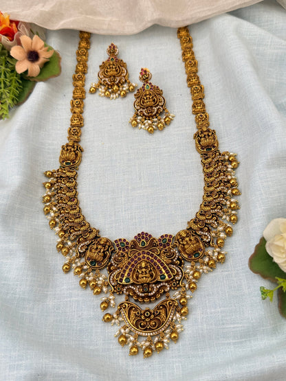 Luxurious Antique Peacock Lakshmi Long Necklace Set 0954 - Mahilas