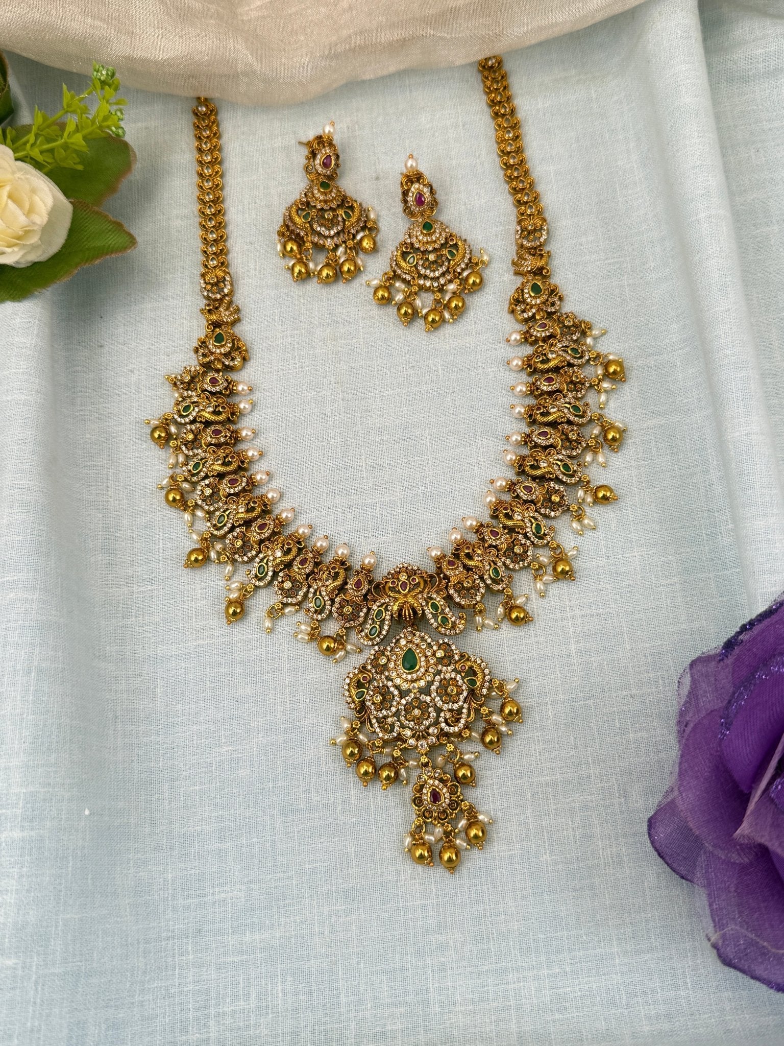 Luxurious Antique Peacock Long Necklace Set 0585 - Mahilas