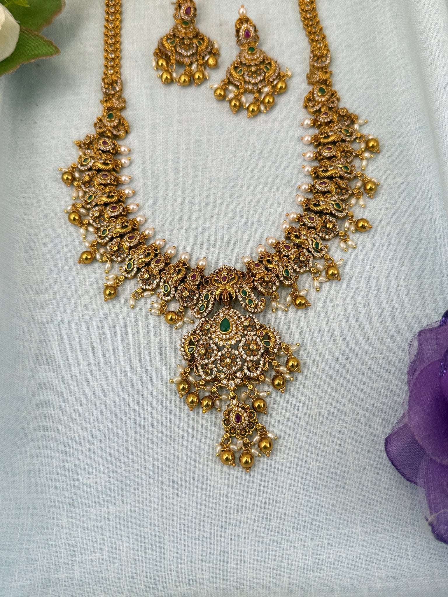Luxurious Antique Peacock Long Necklace Set 0585 - Mahilas