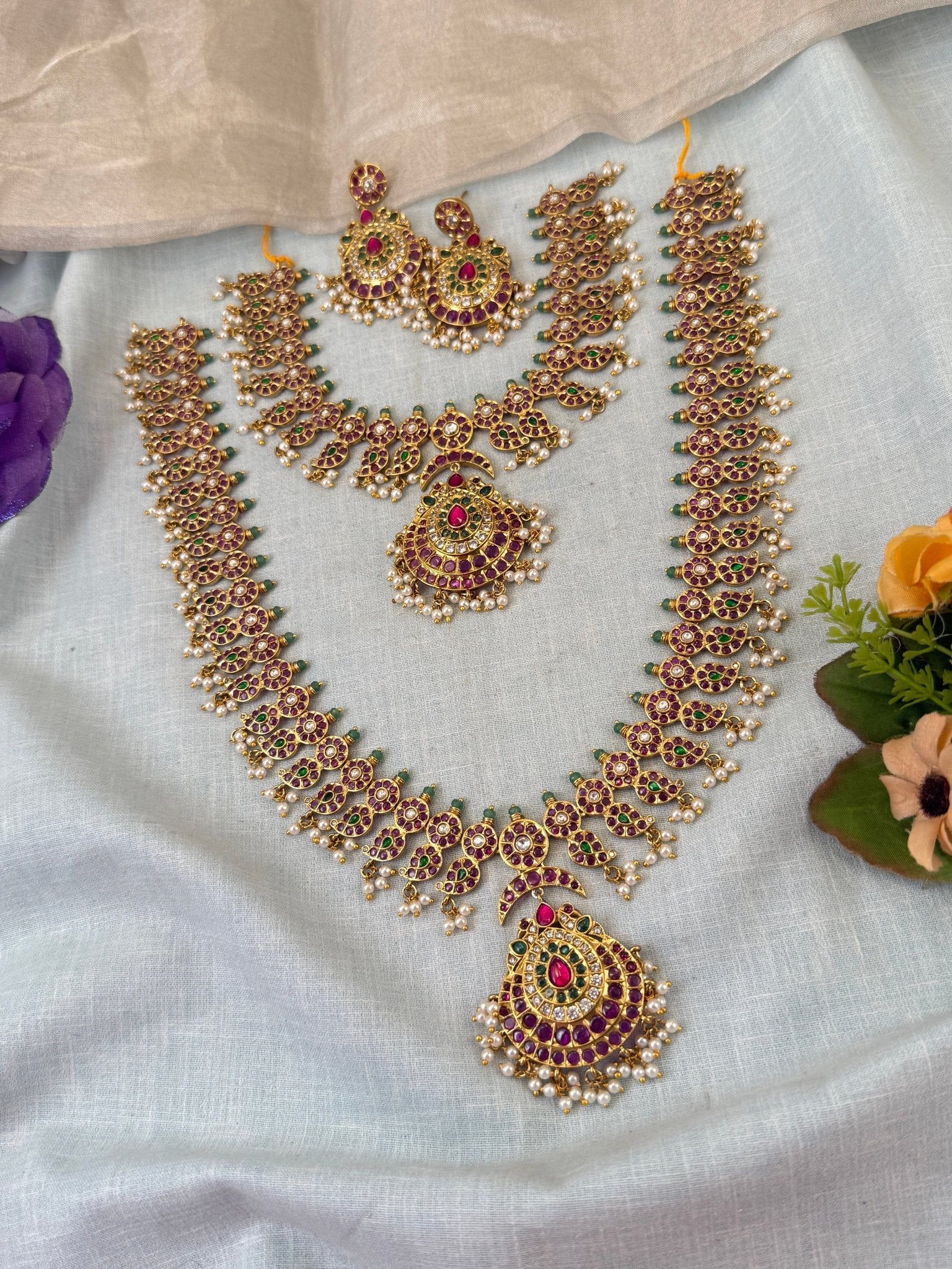 Luxurious Antique Peacock Semi Bridal Necklace Set 0861 - Mahilas