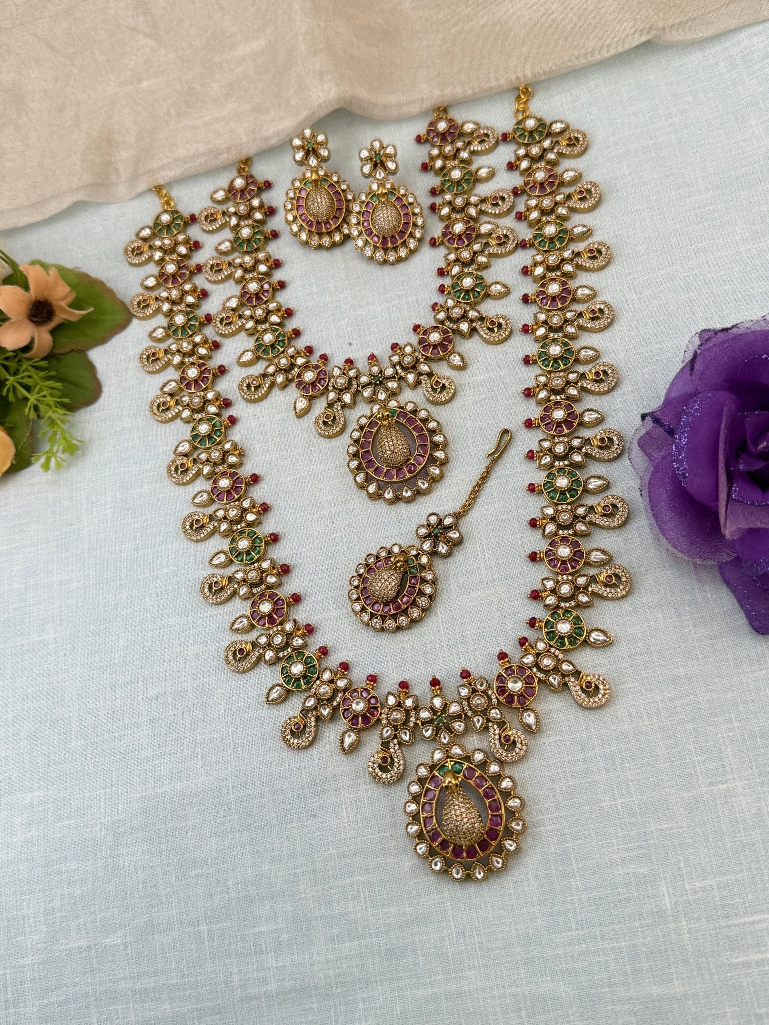 Luxurious Antique Peacock Semi Bridal Necklace Set 0932 - Mahilas