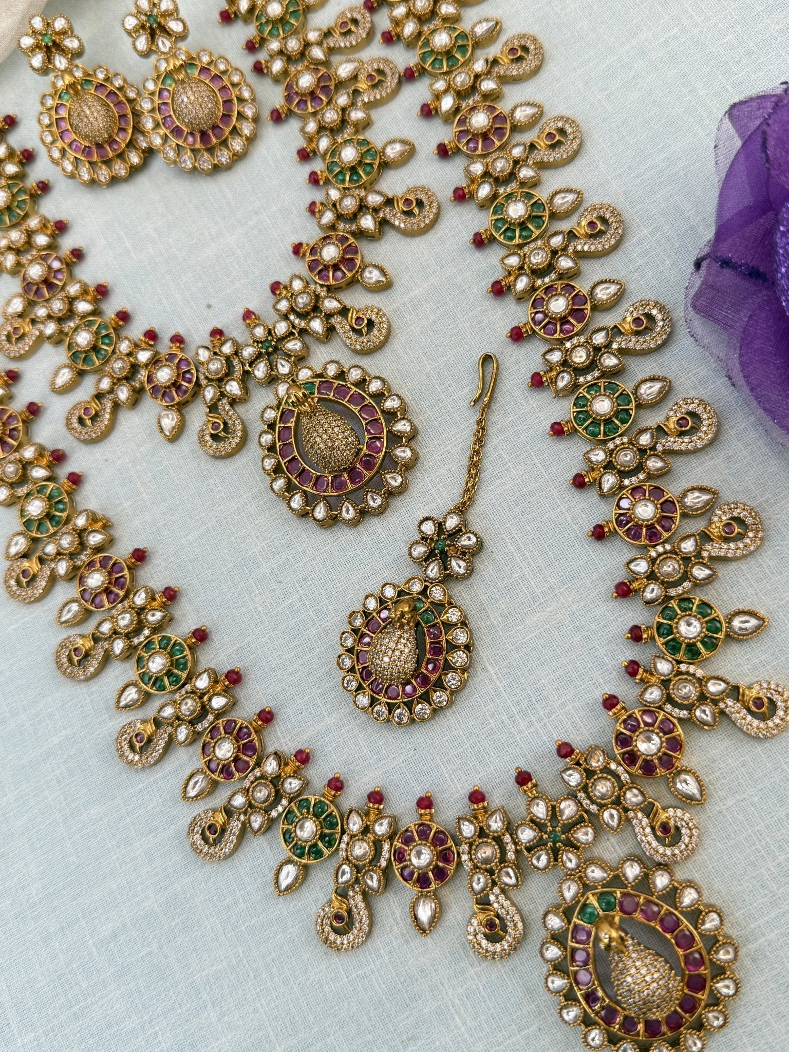 Luxurious Antique Peacock Semi Bridal Necklace Set 0932 - Mahilas