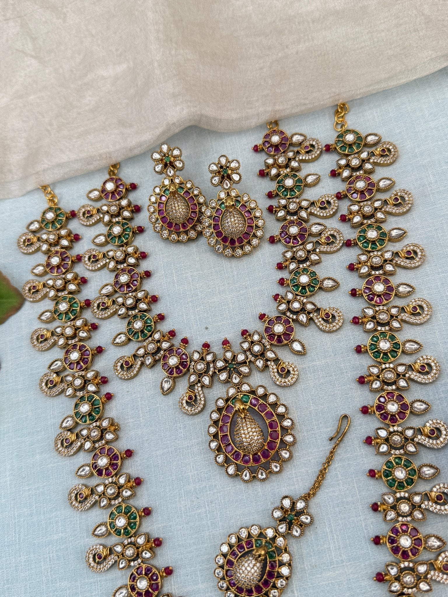 Luxurious Antique Peacock Semi Bridal Necklace Set 0932 - Mahilas