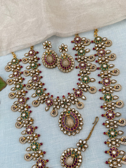 Luxurious Antique Peacock Semi Bridal Necklace Set 0932 - Mahilas