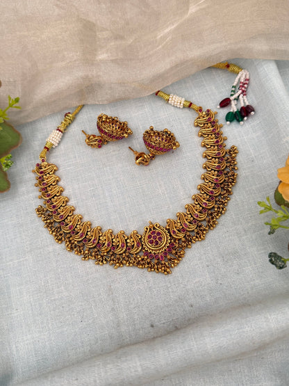 Luxurious Antique Peacock Short Necklace Set 0377 - Mahilas