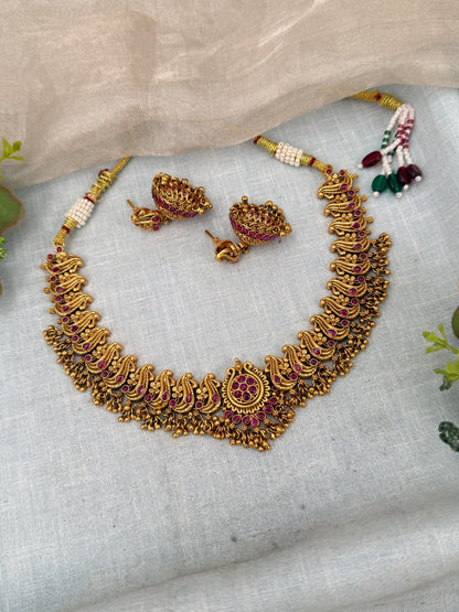 Luxurious Antique Peacock Short Necklace Set 0377 - Mahilas