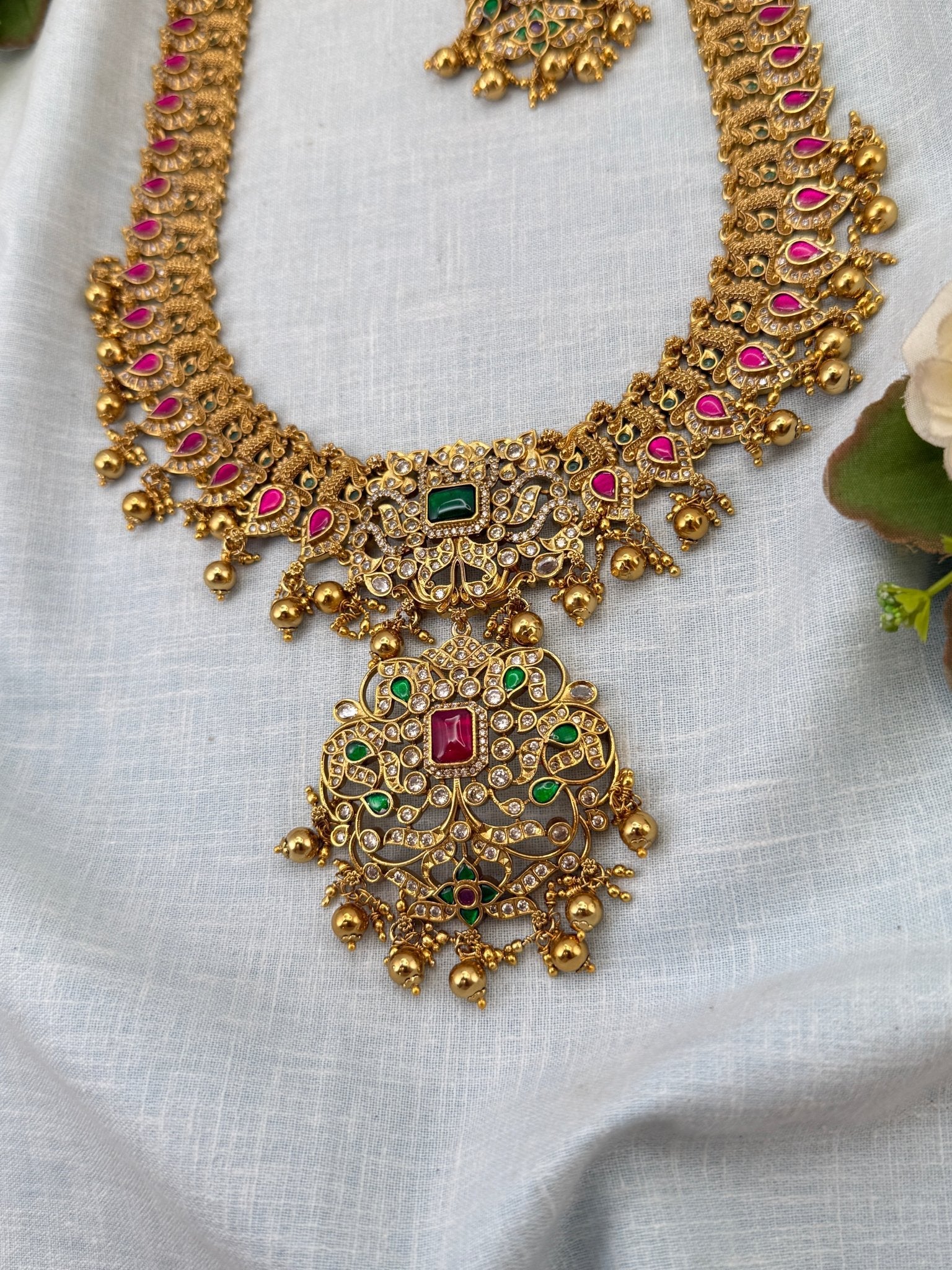 Luxurious Antique Peacock Stone Long Necklace Set 0953 - Mahilas