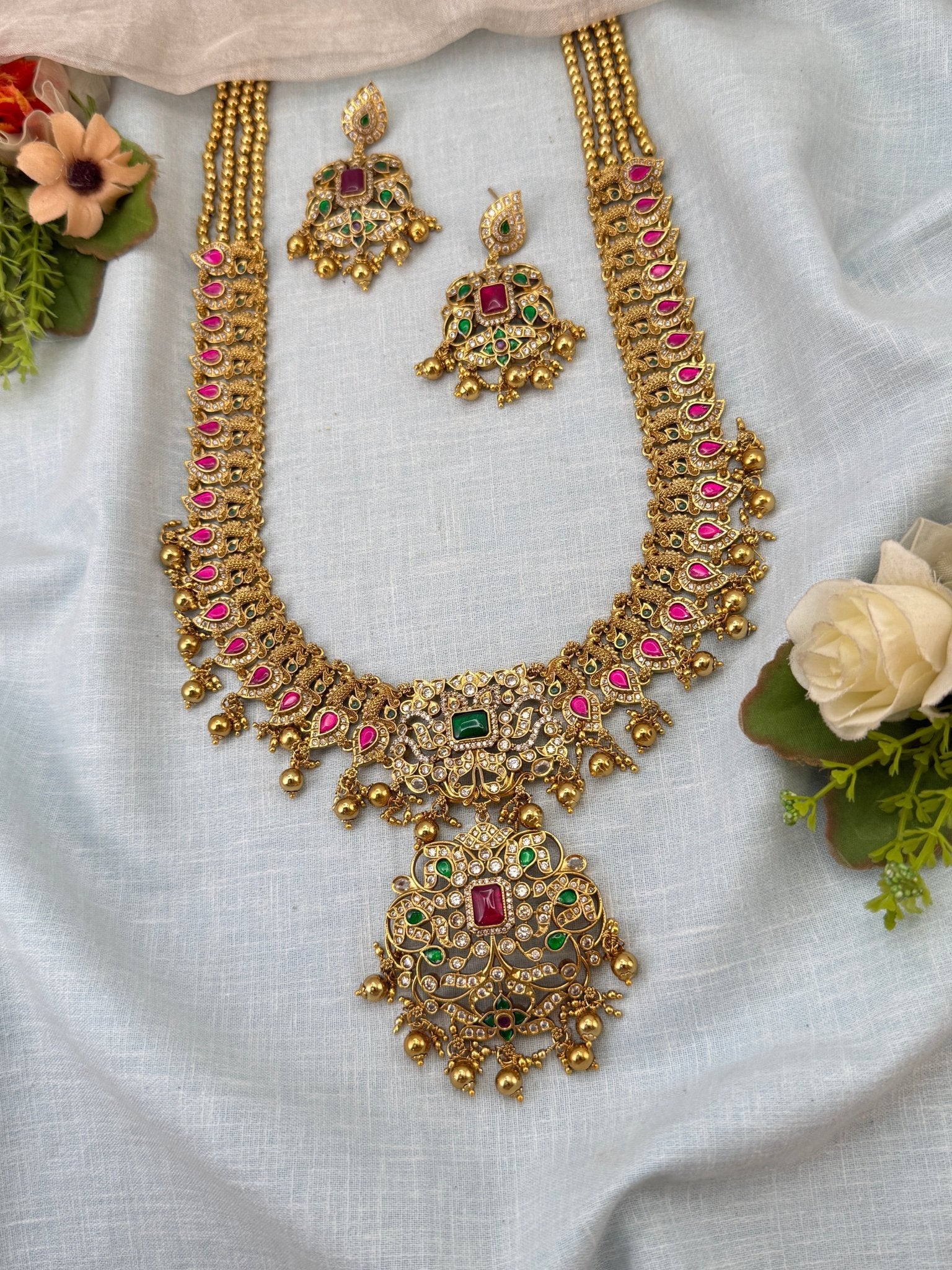 Luxurious Antique Peacock Stone Long Necklace Set 0953 - Mahilas