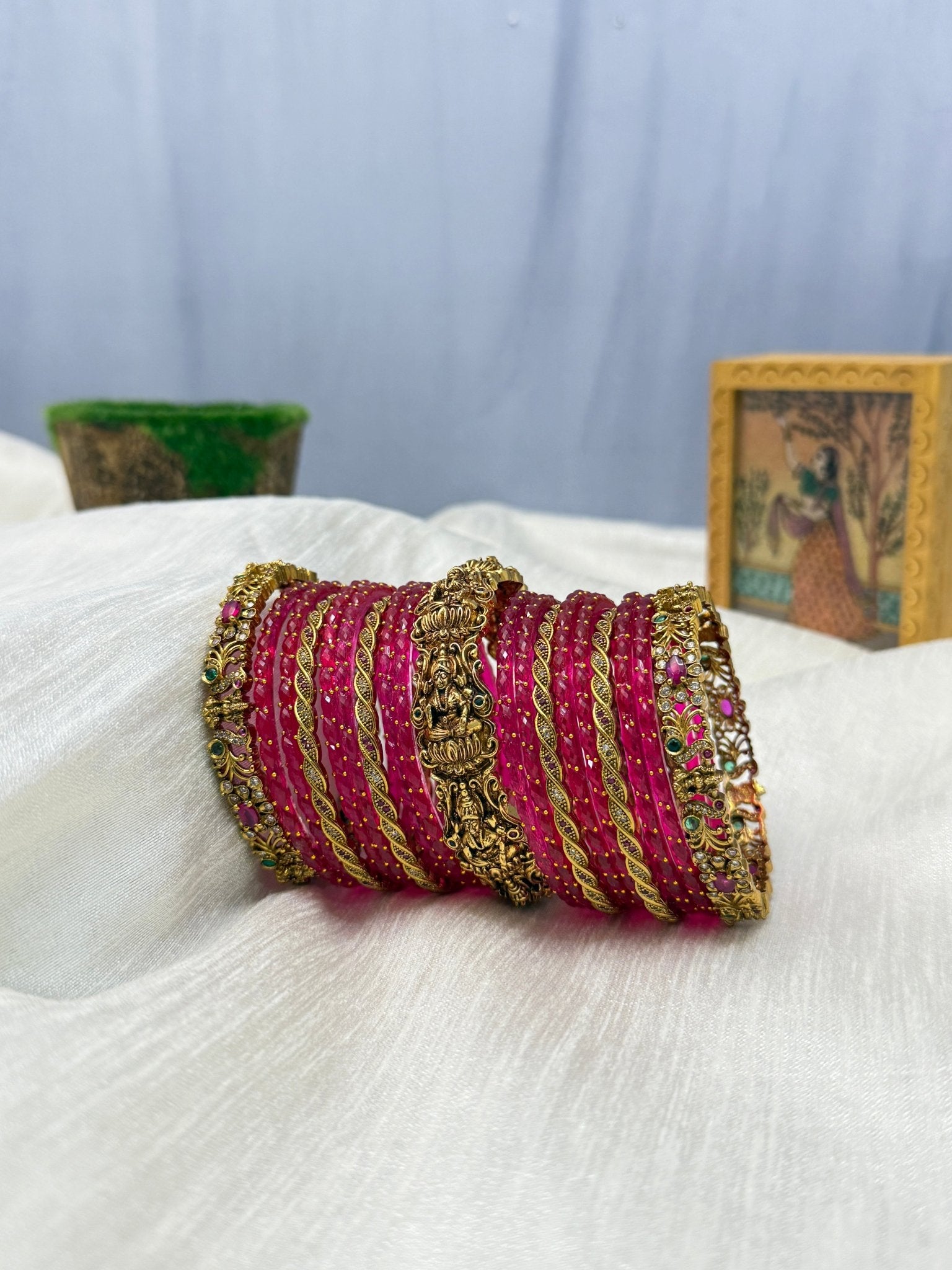 Luxurious Antique Rain Drop with Lakshmi Bangle Set (6 Colours to Choose) - 5113 - Mahilas