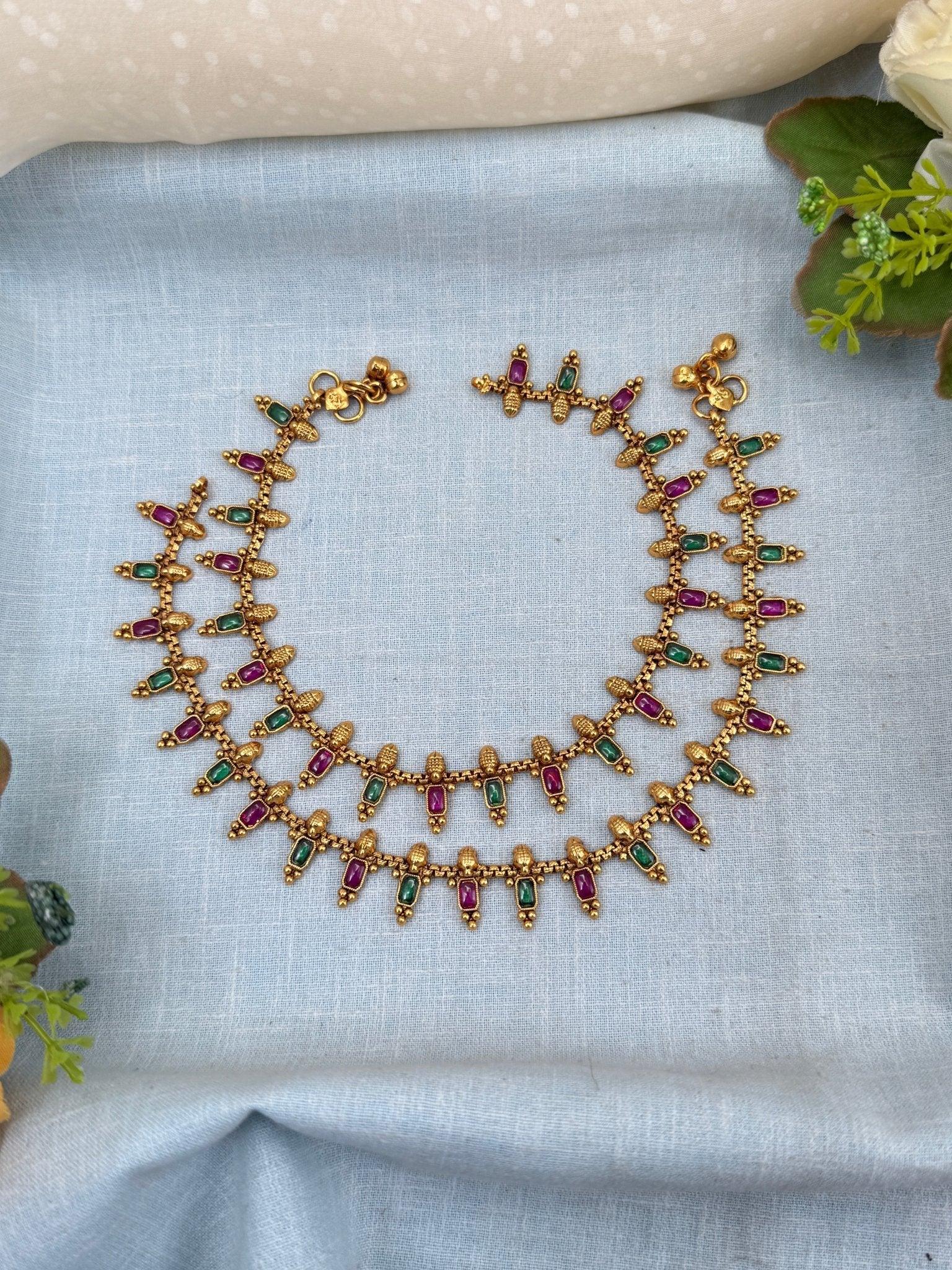 Luxurious Antique Ruby Green Anklet Payal Chain 0259 - Mahilas