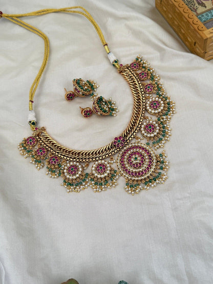 Luxurious Antique Short Guttapusalu Necklace Set 636 - Mahilas