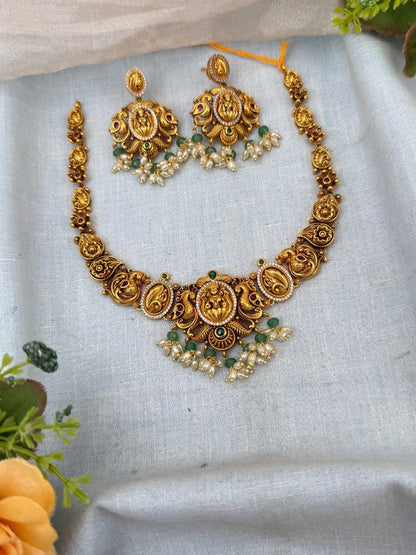 Luxurious Antique Short Lakshmi Necklace Set 0159 - Mahilas