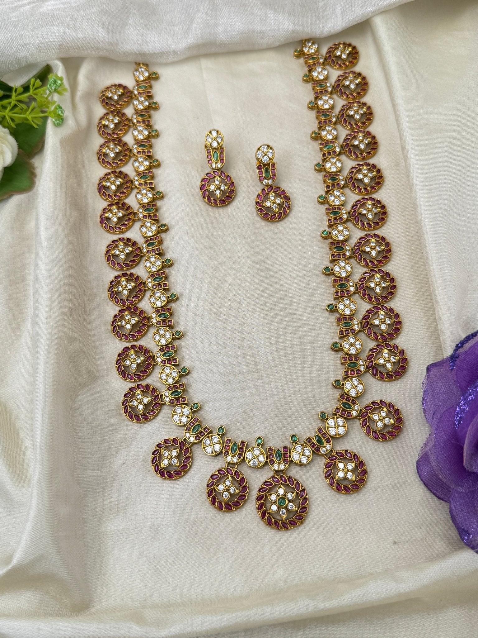Luxurious Antique Stone Bottumala Long Necklace Set 0476 - Mahilas