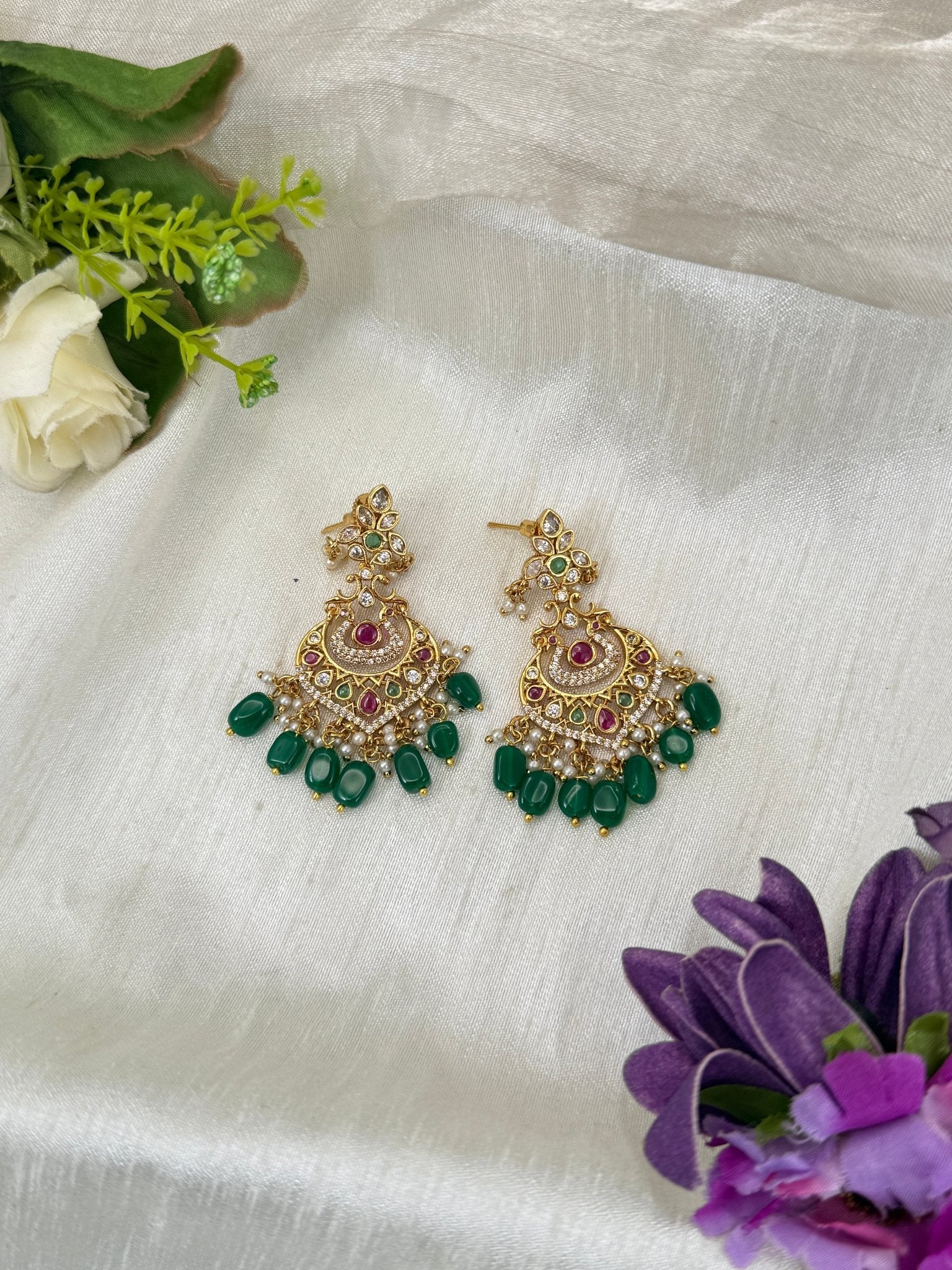 Luxurious Antique Stone Chandbali Earrings 0828 - Mahilas