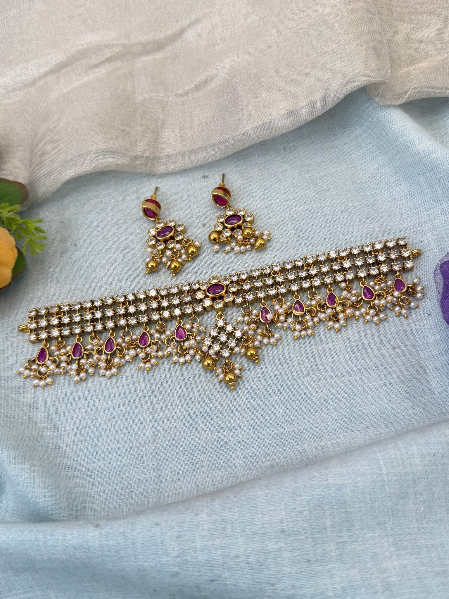 Luxurious Antique Stone Choker Necklace Set 1056 - Mahilas