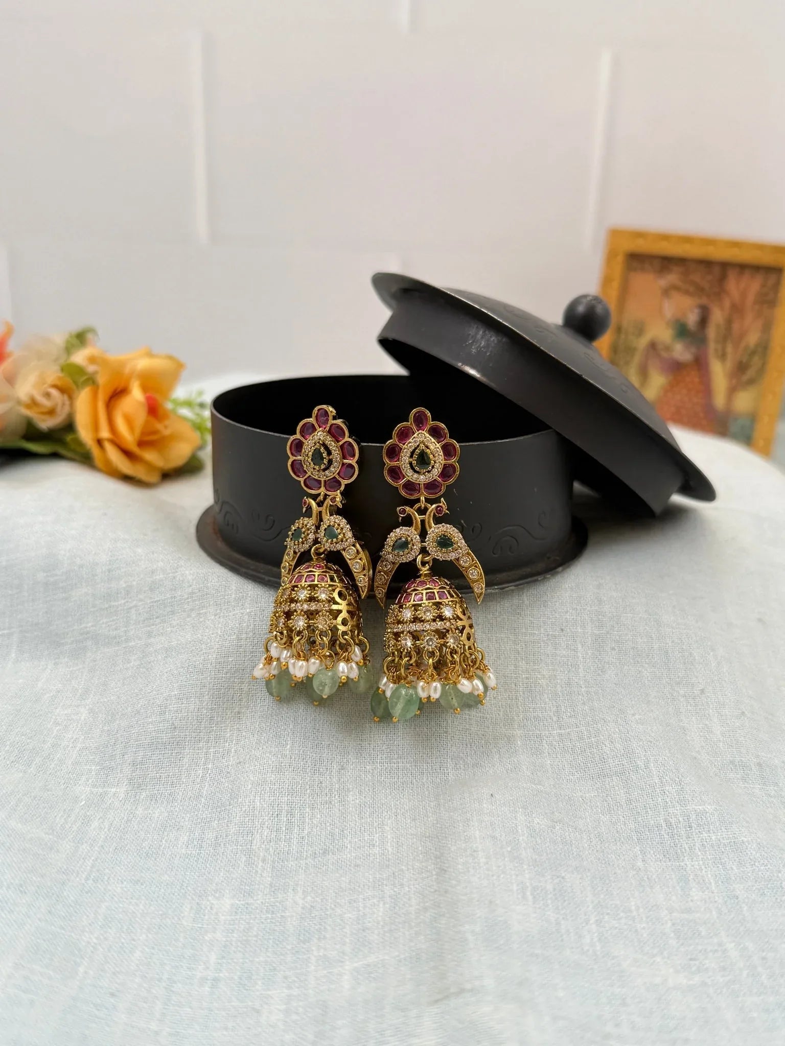 Luxurious Antique Stone Jhumka Earrings 0712 - Mahilas