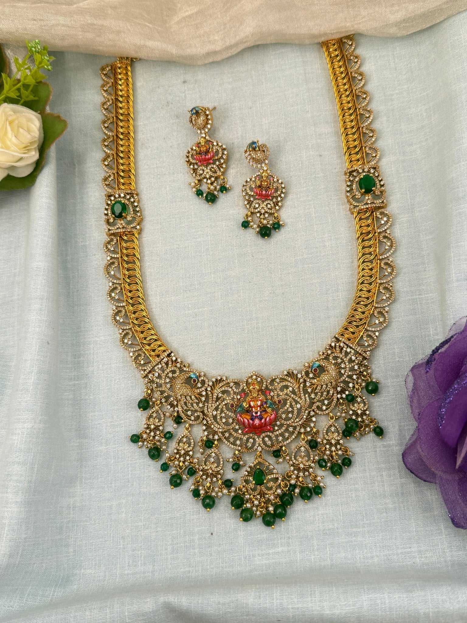 Luxurious Antique Stone Lakshmi Long Necklace Set 0622 - Mahilas