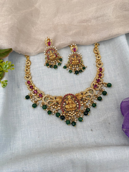 Luxurious Antique Stone Lakshmi Short Necklace Set 0458 - Mahilas