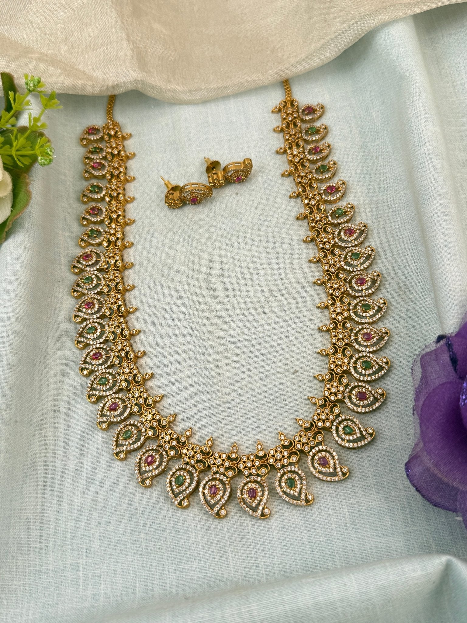 Luxurious Antique Stone Mango Long Necklace Set 0831 - Mahilas