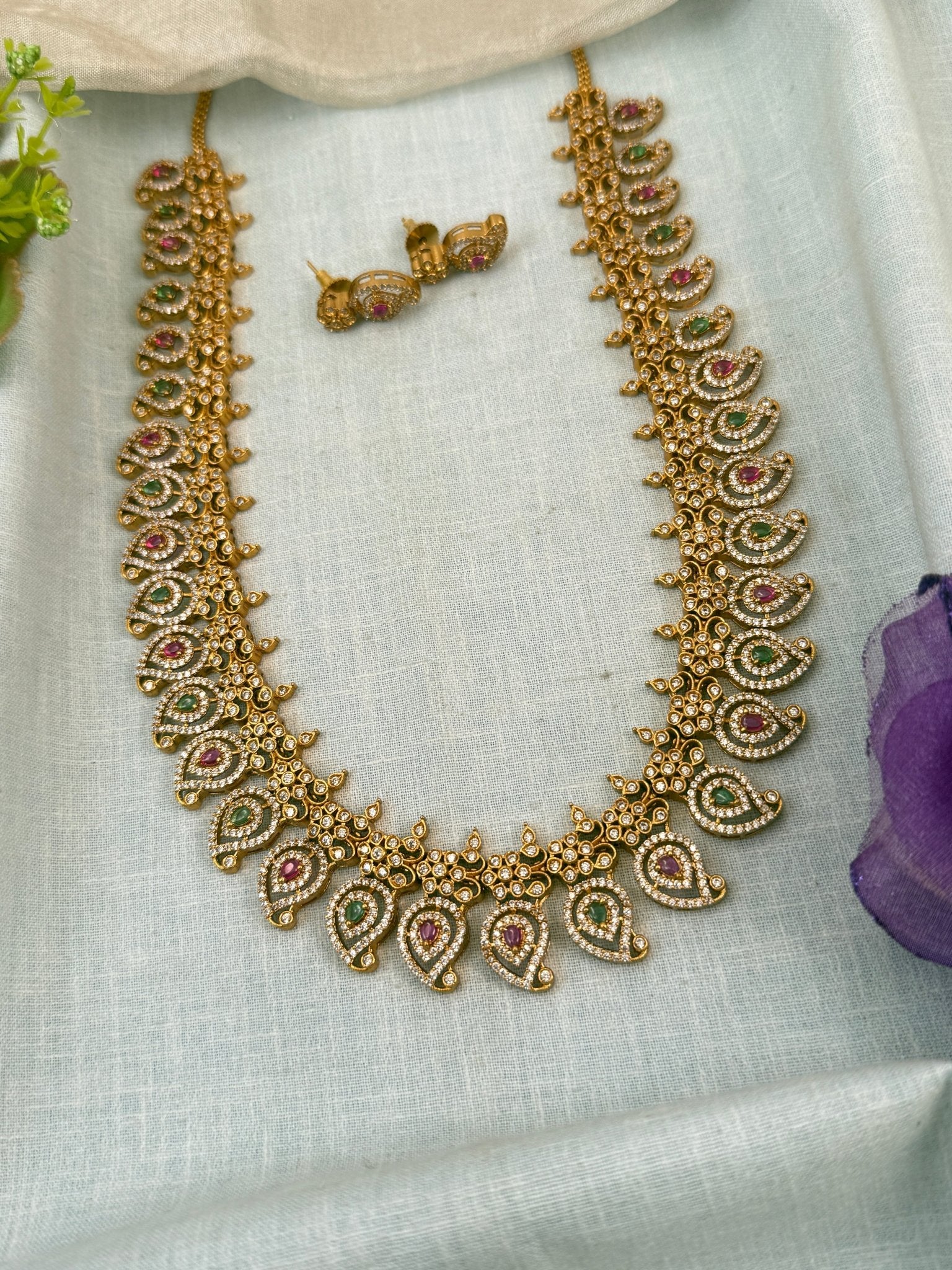 Luxurious Antique Stone Mango Long Necklace Set 0831 - Mahilas