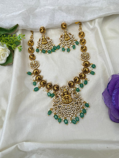 Luxurious Antique Stone Peacock Lakshmi Mid Long Necklace Set 0474 - Mahilas