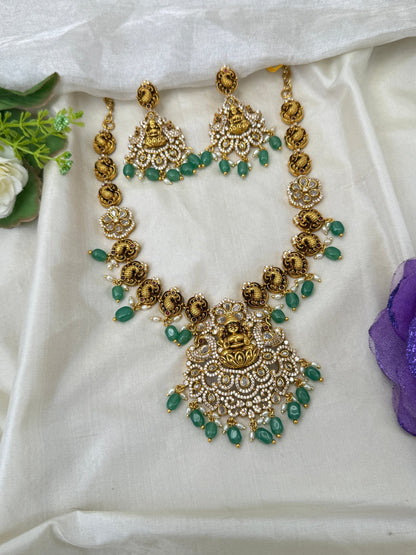 Luxurious Antique Stone Peacock Lakshmi Mid Long Necklace Set 0474 - Mahilas