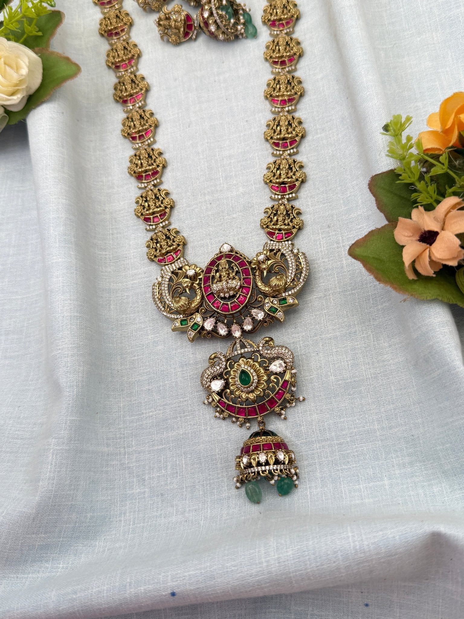 Luxurious Antique Stone Pendant Long Necklace Set 0710 - Mahilas