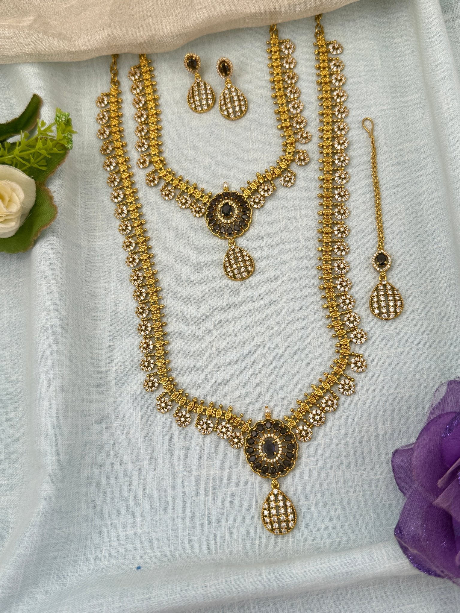 Luxurious Antique Stone Semi Bridal Necklace Set 0688 - Mahilas