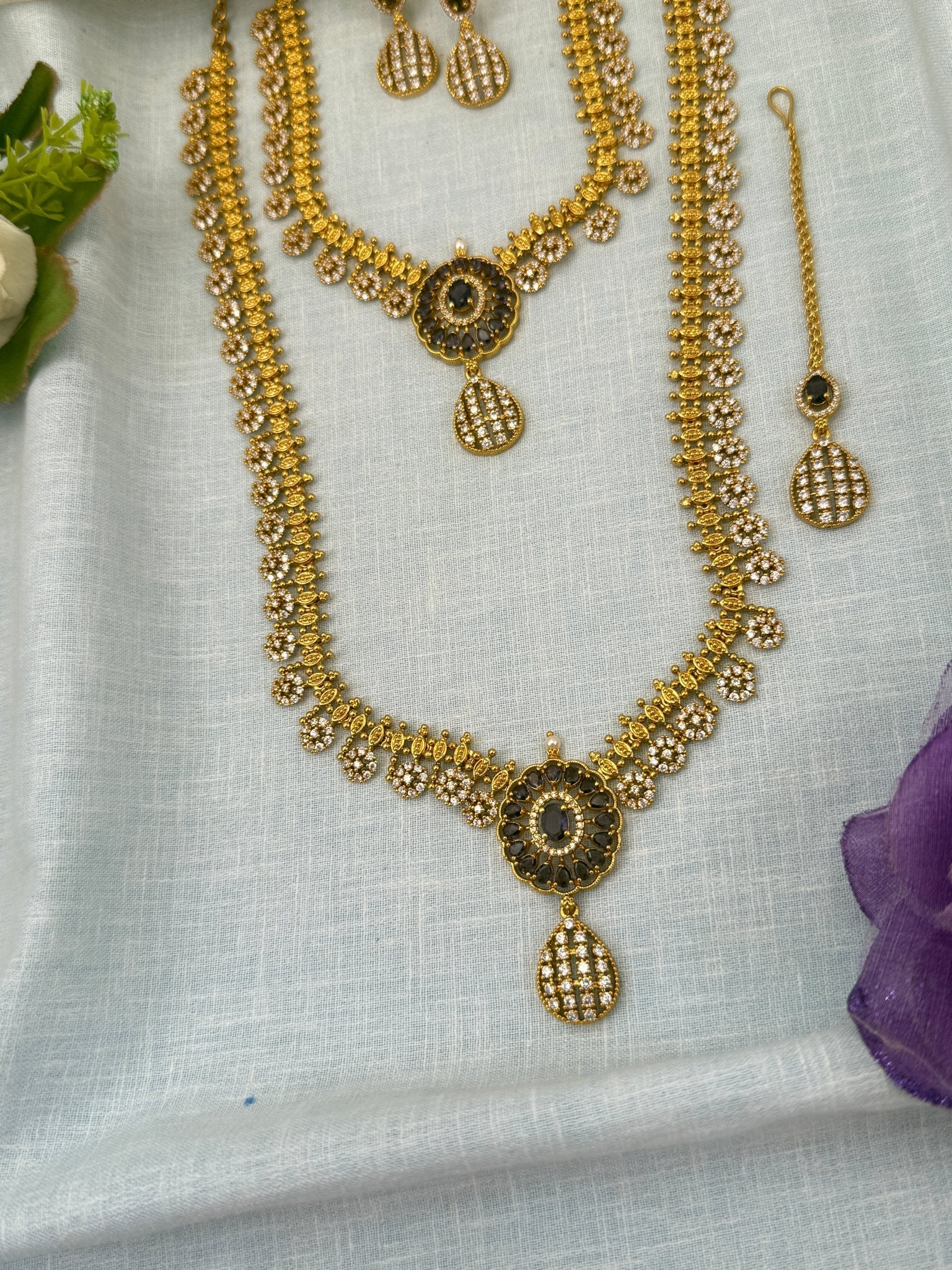 Luxurious Antique Stone Semi Bridal Necklace Set 0688 - Mahilas