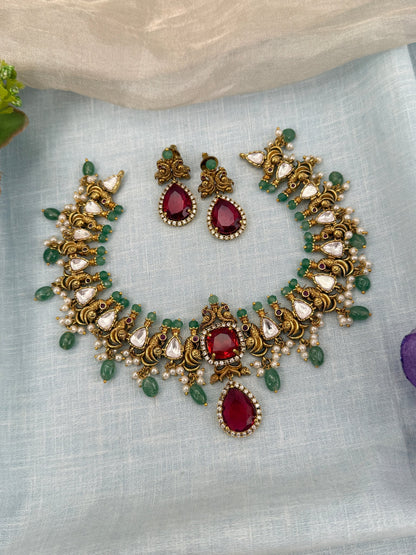 Luxurious Antique Stone Short Necklace Set 0638 - Mahilas