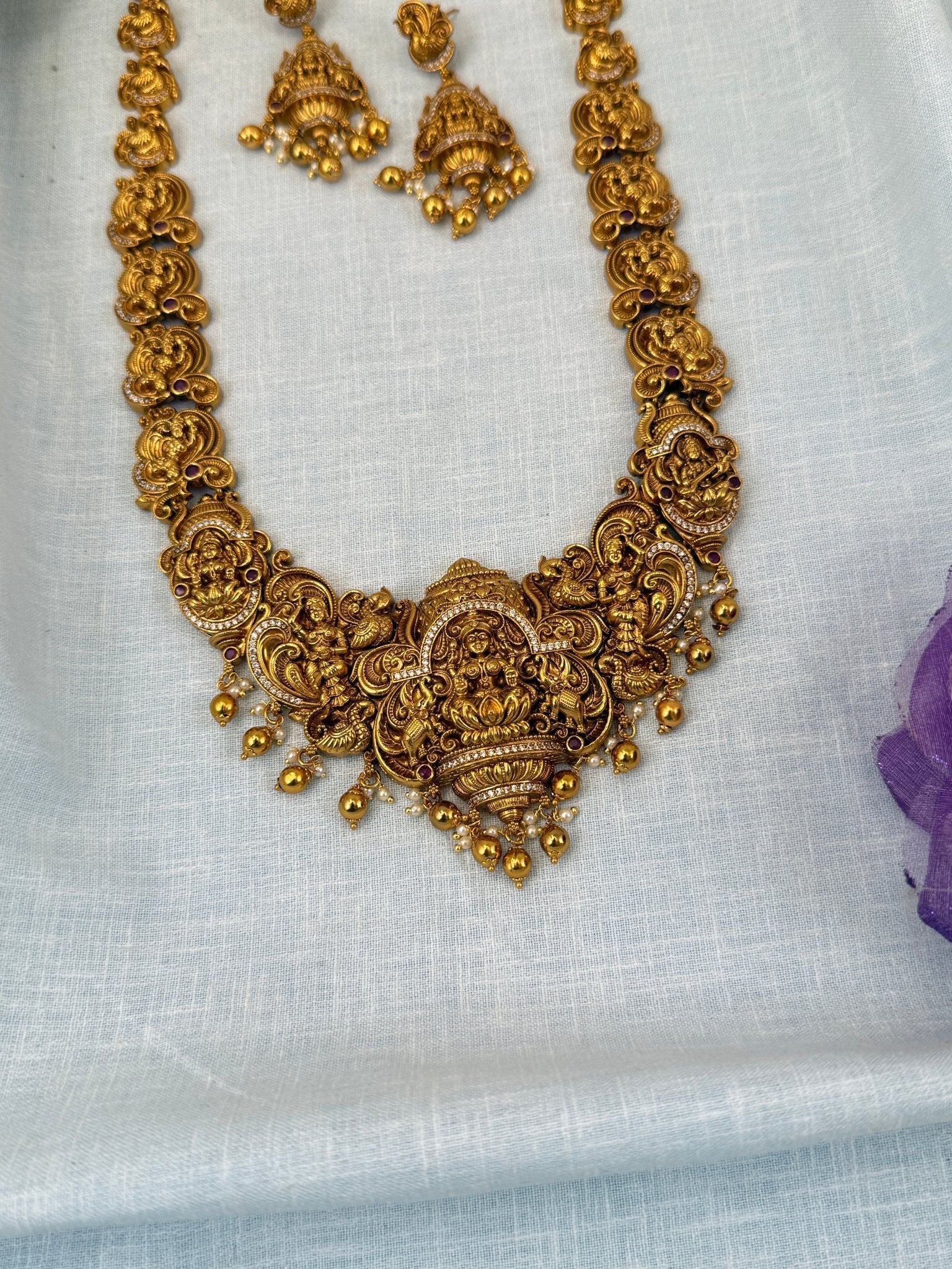 Luxurious Antique Temple Lakshmi Long Necklace Set 0592 - Mahilas