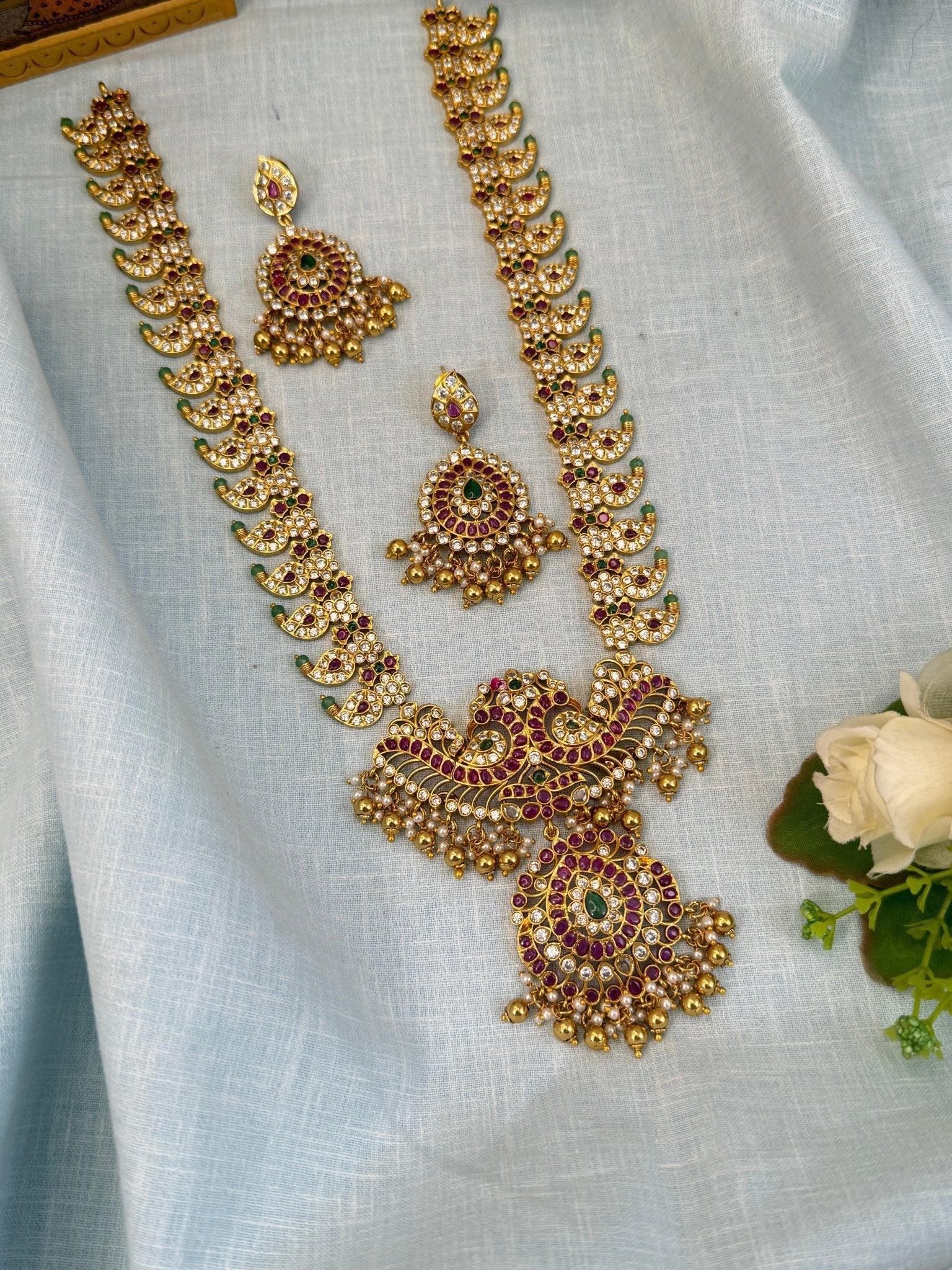 Luxurious Antique White Stone Mango Long Necklace Set 876 - Mahilas