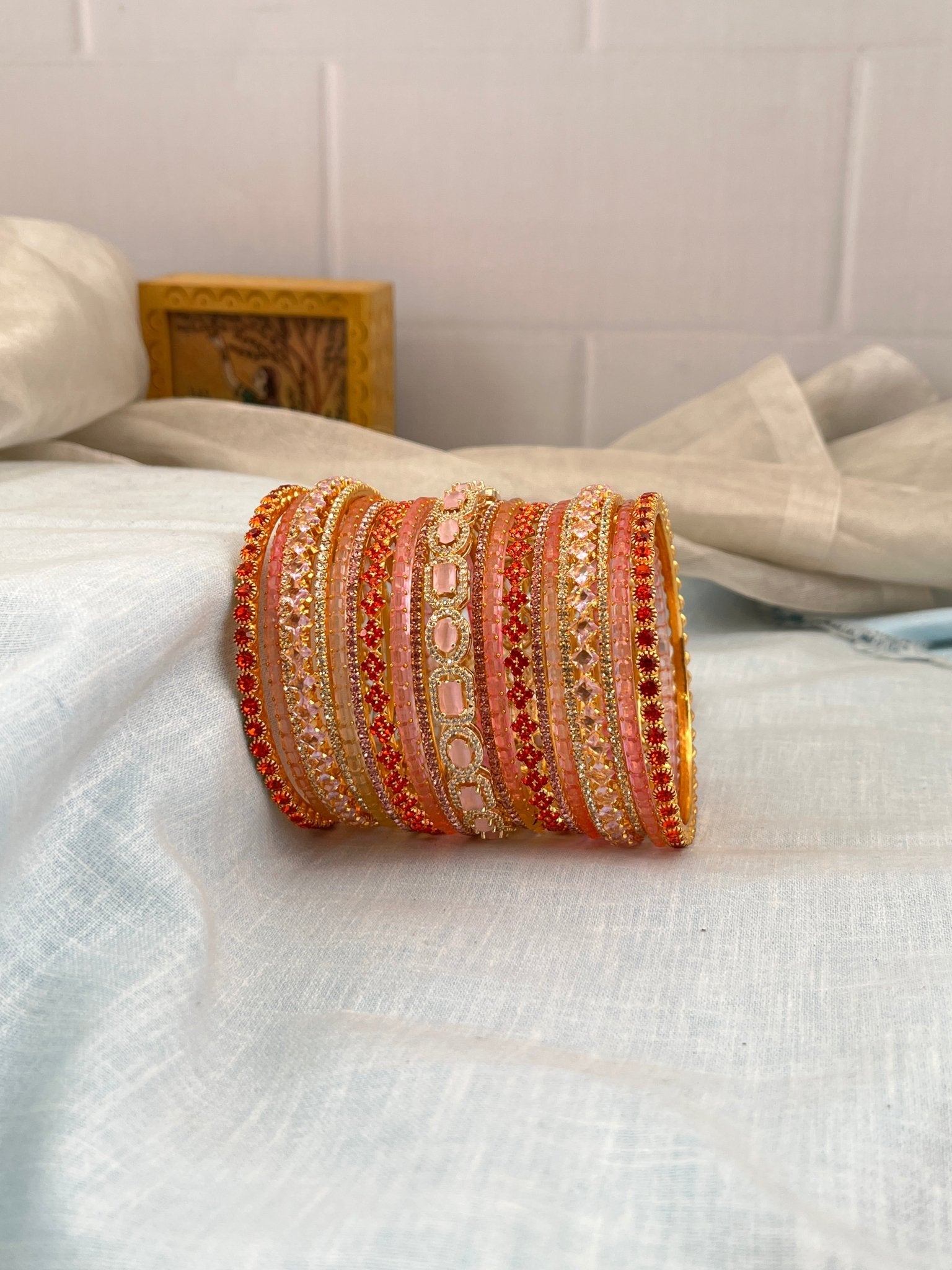 Luxurious Baby Pink & Orange Glass & Stone Bangle Set 5199 - Mahilas