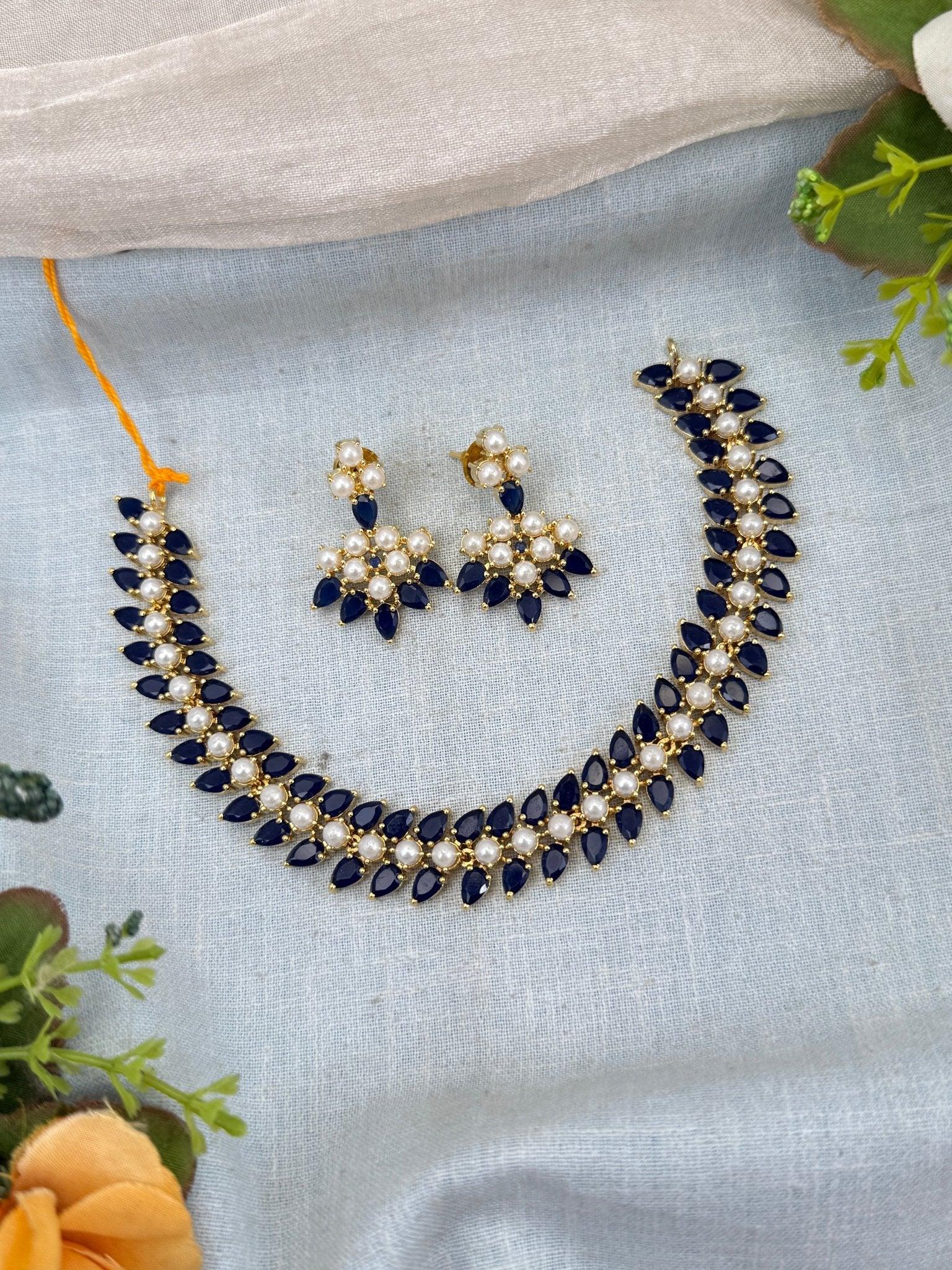 Luxurious Blue Stone Pearl Antique Short Necklace Set 0251 - Mahilas