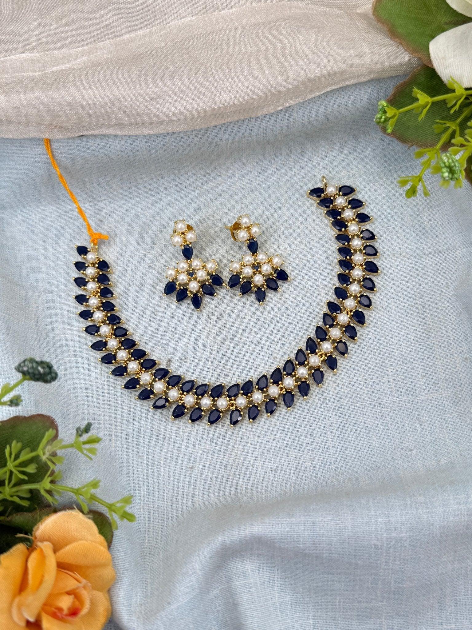 Luxurious Blue Stone Pearl Antique Short Necklace Set 0251 - Mahilas