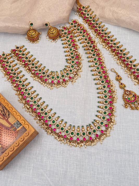Luxurious Bridal Jadau Kundan Necklace with Vaddanam Set 559 - Mahilas