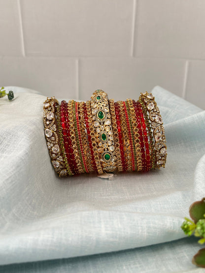 Luxurious Bridal Red and Gold Glass & Kundan Bangle Set 5267 - Mahilas