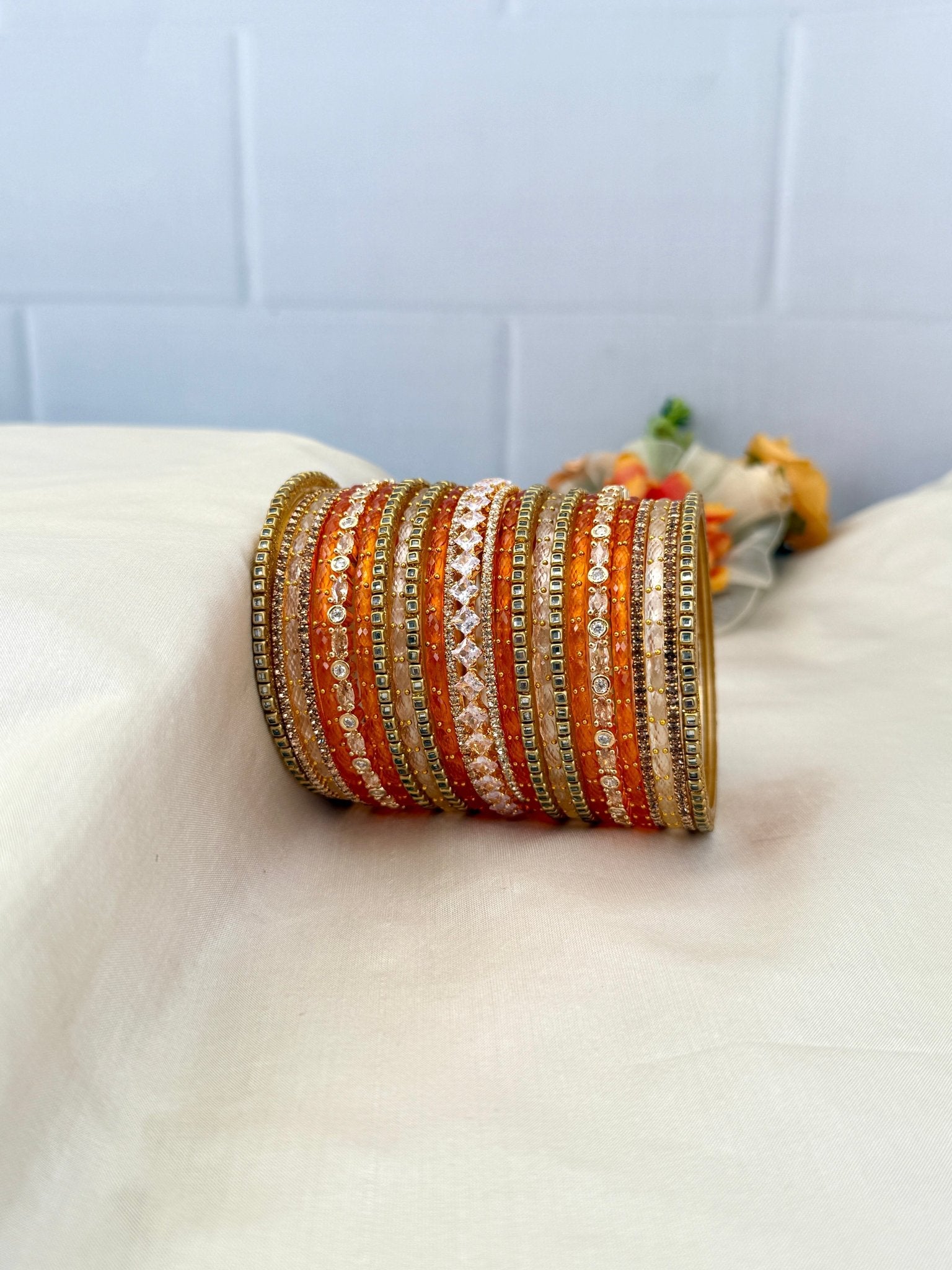 Luxurious Cream & Haldi Orange Glass and Stone Bangle Set - 5212 - Mahilas