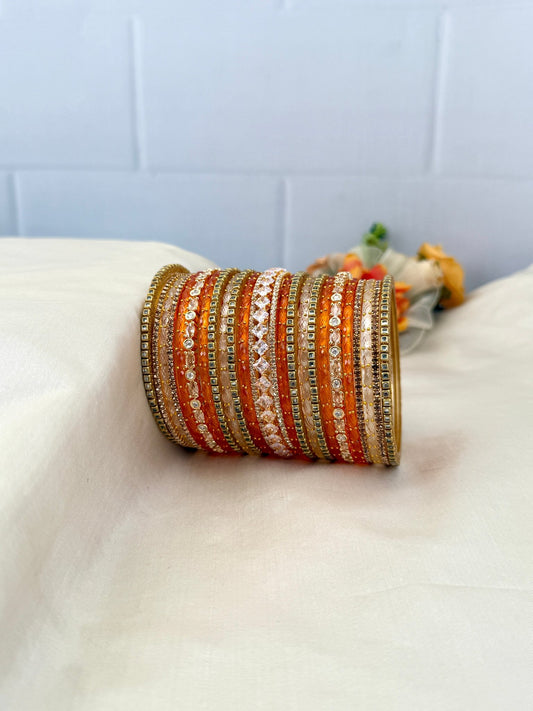 Luxurious Cream & Haldi Orange Glass and Stone Bangle Set - 5212 - Mahilas