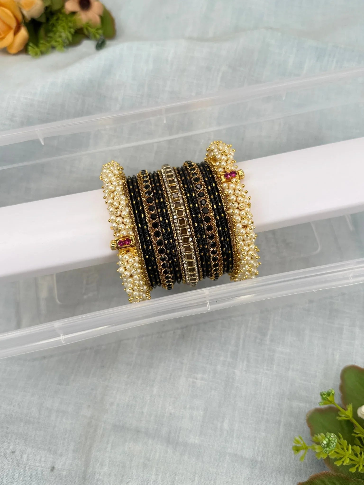 Luxurious Elegant Pearl Metal & Stone Bangle Set in 4 Colors - 5258 - Mahilas