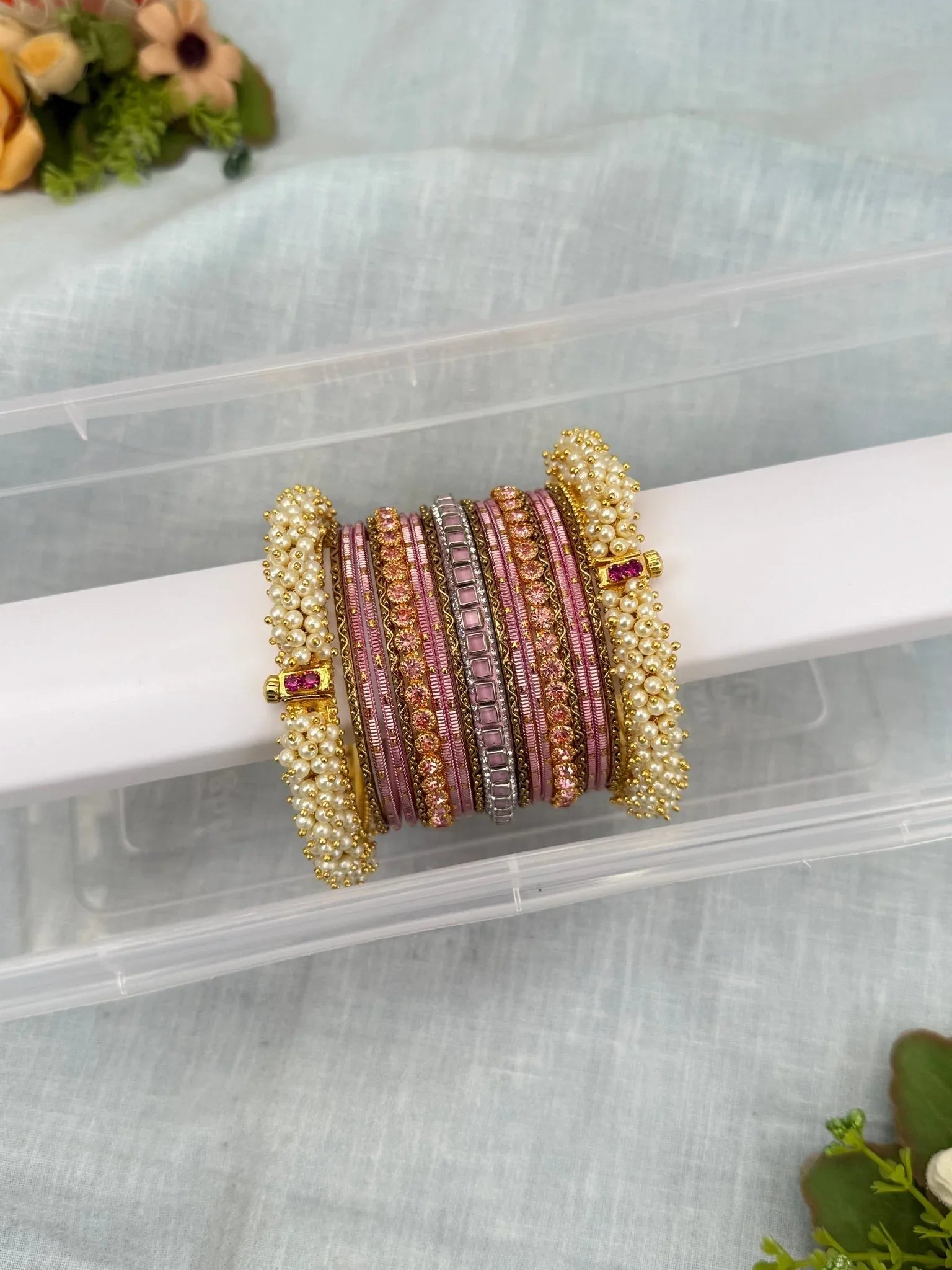 Luxurious Elegant Pearl Metal & Stone Bangle Set in 4 Colors - 5258 - Mahilas