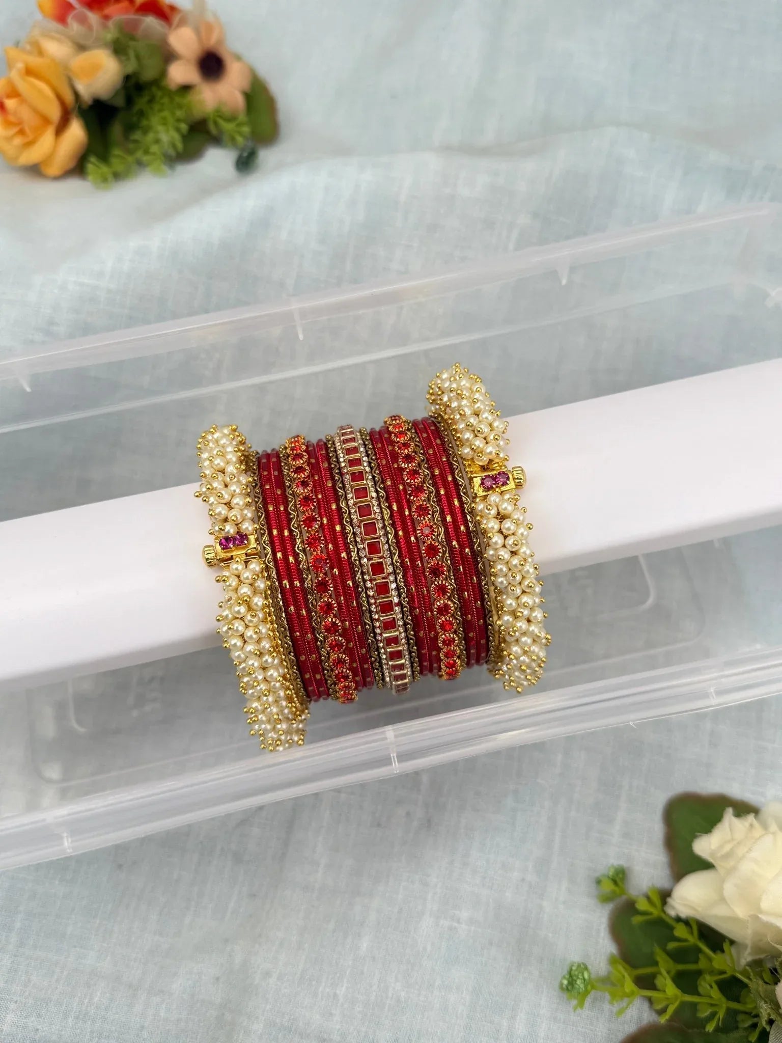 Luxurious Elegant Pearl Metal & Stone Bangle Set in 4 Colors - 5258 - Mahilas