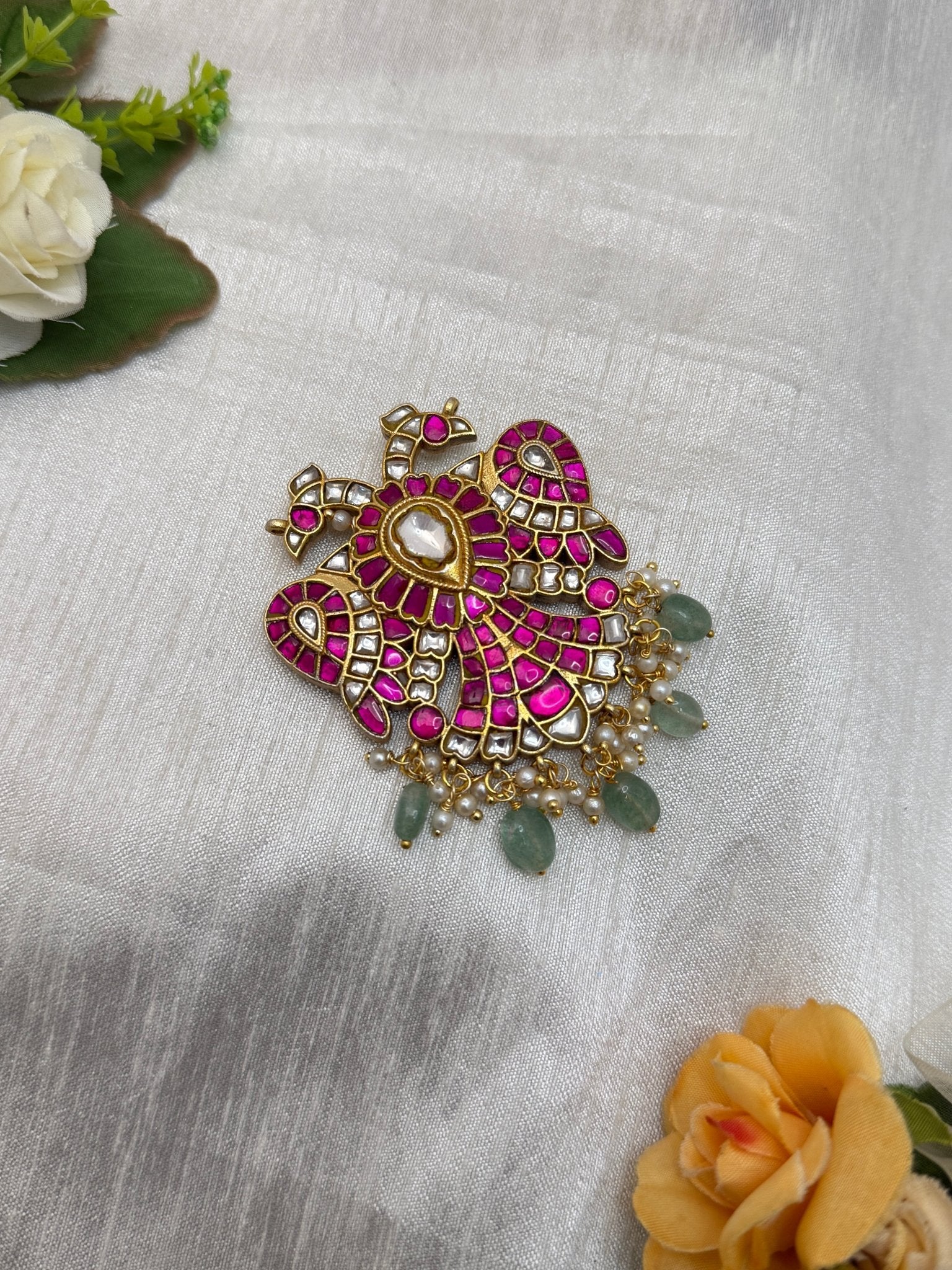 Luxurious Gandaberunda Jadau Kundan Reversible Ruby Green Pendant 081 - Mahilas